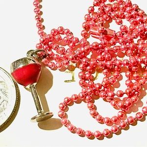 Miniature wine goblet charm necklace freestanding W/pink dog tag chain vtg